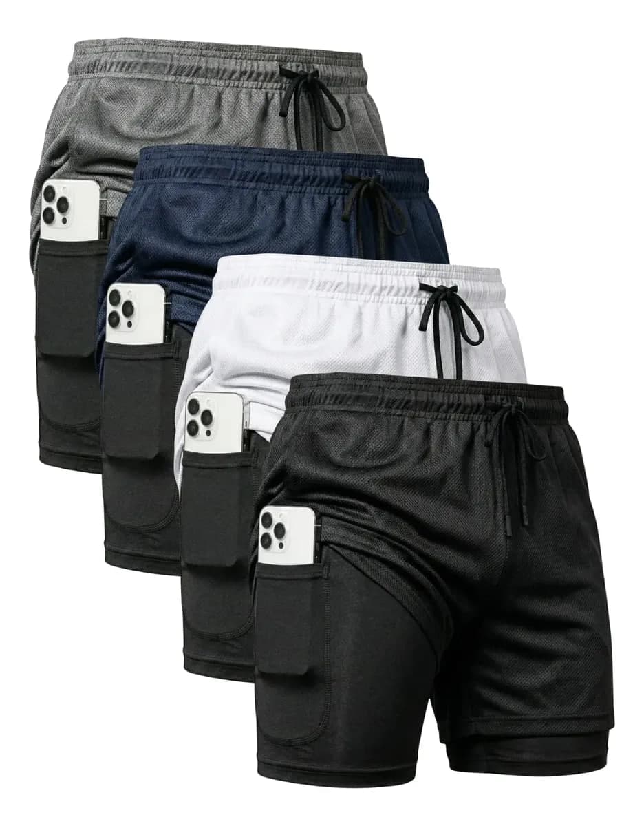 Kit com 4 Shorts Masculinos 2 em 1, Dry-Fit, com Compressão Térmica