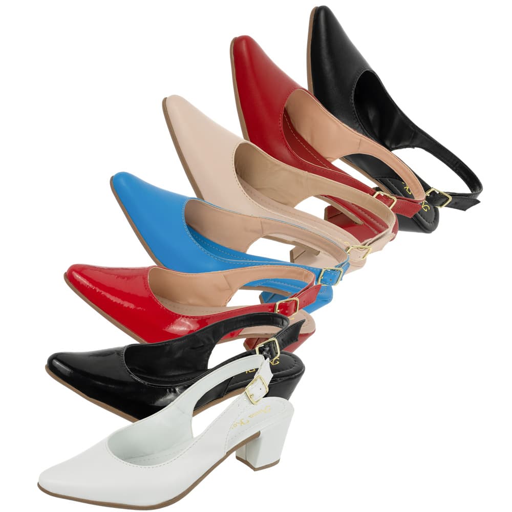 Sapato Feminino Scarpin Delta Bico Fino Traseiro Aberta Salto Bloco