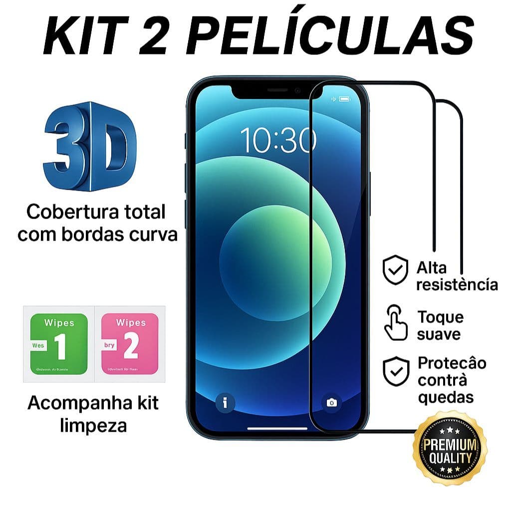 Kit 2 Pelicula de Vidro Temperado 3D Película Iphone 11 12 13 14 15 16 17 17e 18 Air Pro Max Plus