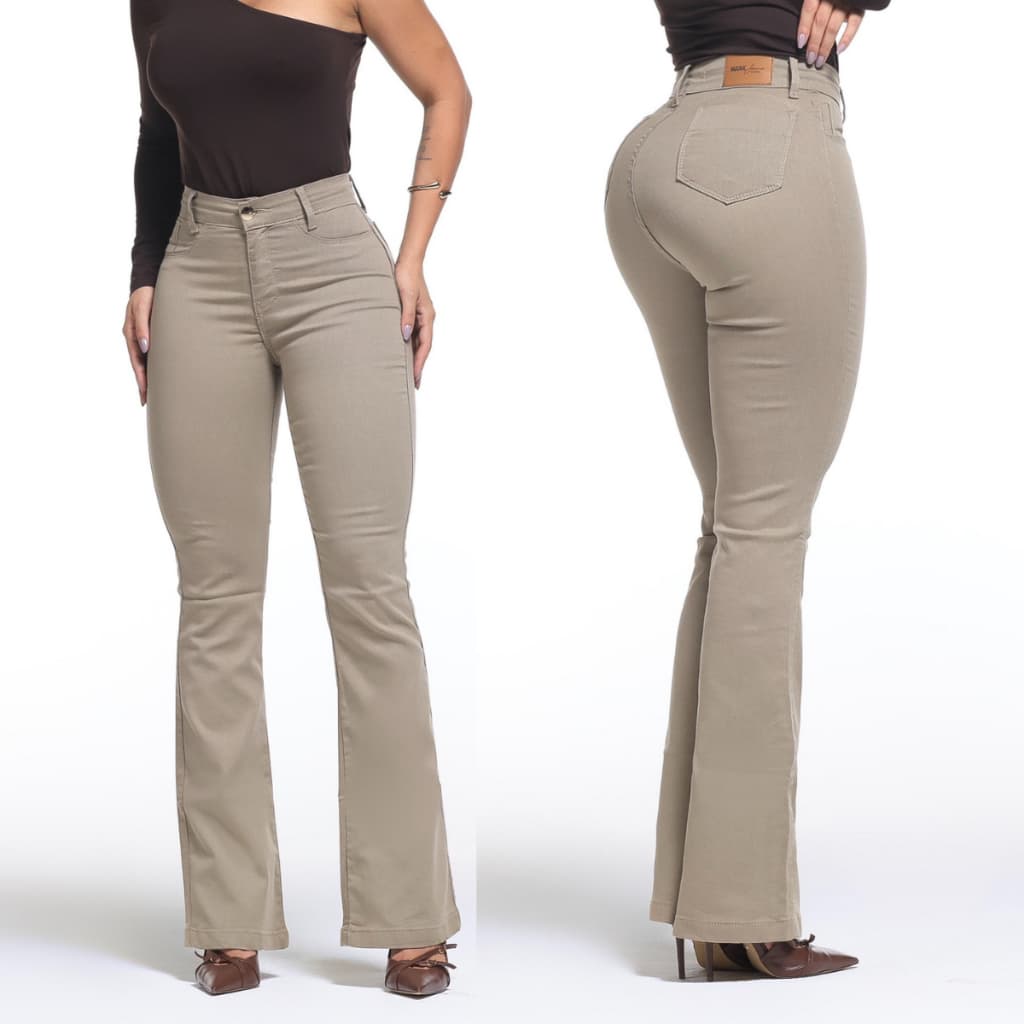 Calça Feminina Flare Pantalona Bege Jeans Premium Empina Bumbum Boca de Sino Cos Alto Com Elastano