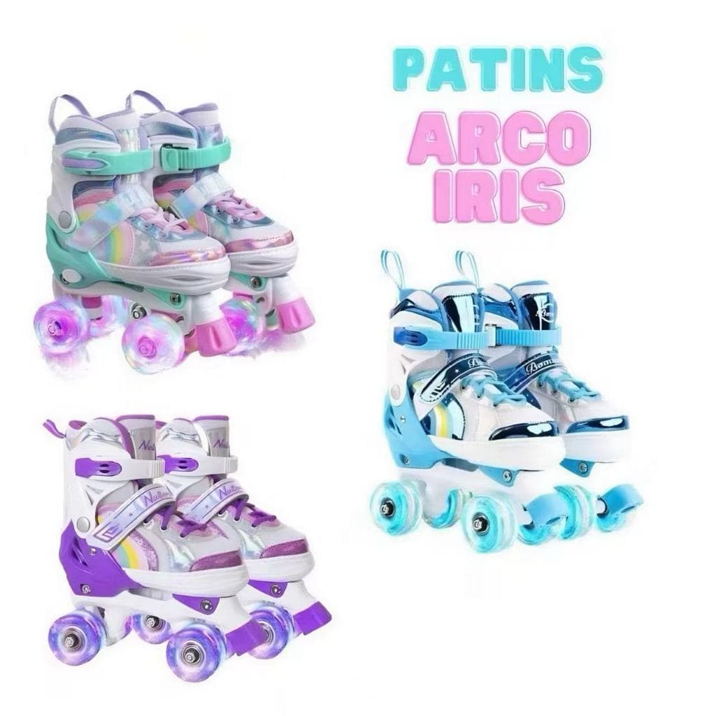 Patins Infantil 4 Rodas Arco ÍRIS  Com Luz De LED Ajustável+Kit Proteção e Sem Kit Proteção