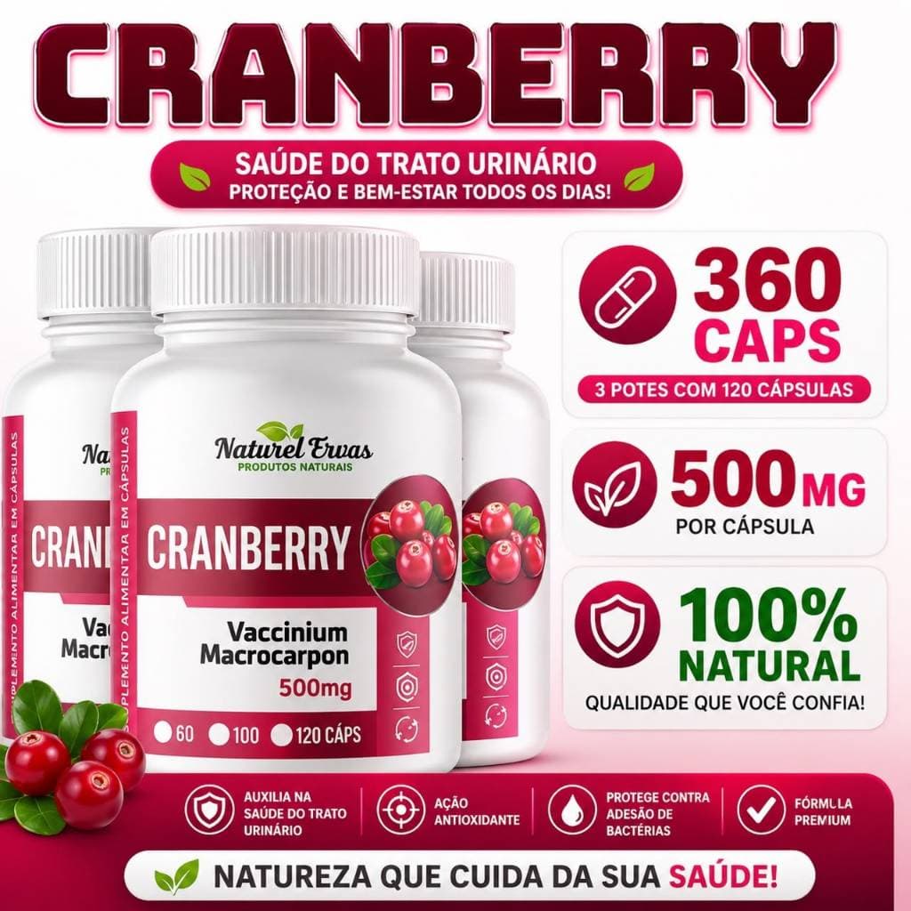 Cranberry 120 Cápsulas 500mg | Suplemento Natural de Fruta Vermelha