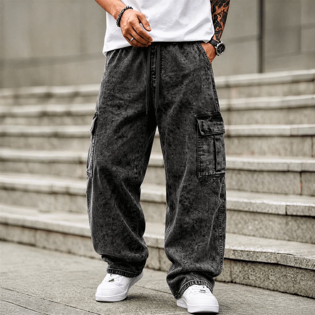 Calça Cargo Jeans Masculina Streetwear Baggy Wide Leg Oversized Moda Urbana Skatista Premium Confortável Casual