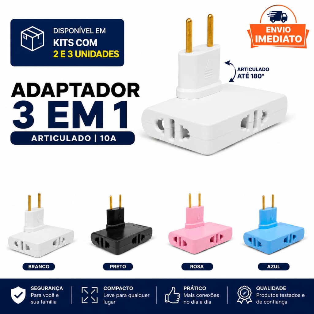 Benjamim Articulado Adaptador 3 em 1 10A Disponivel 3 Cores Articula Até 180º