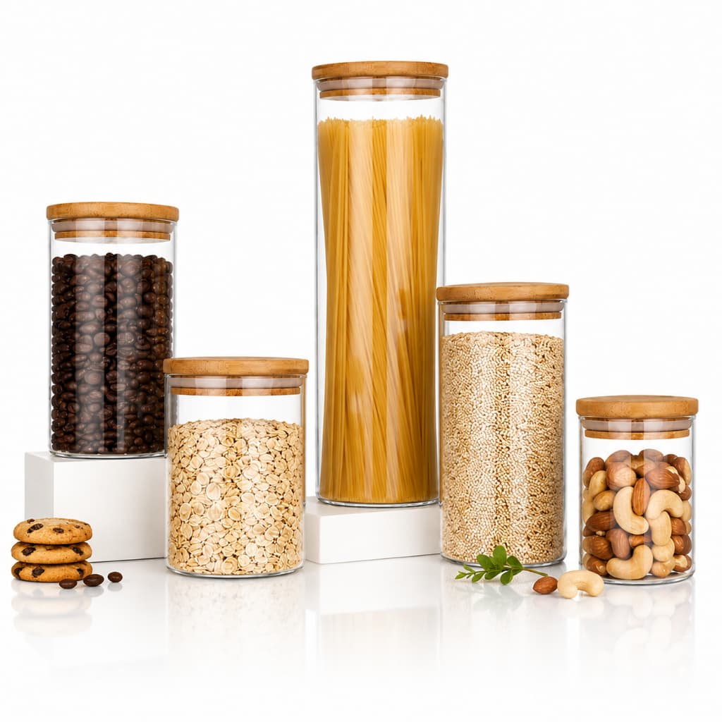 Kit Potes Mantimentos Vidro Herméticos Com Tampa Bambu Alta Resistência Epsilon Transparente