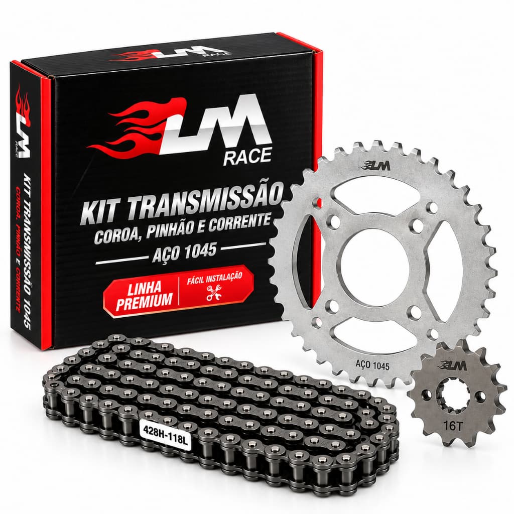 Kit Relação Transmissão Honda Cg Titan Fan Start Cargo 150 Ks Es Kit Premium Lm Race Aço1045 Corrente Coroa Pinhão