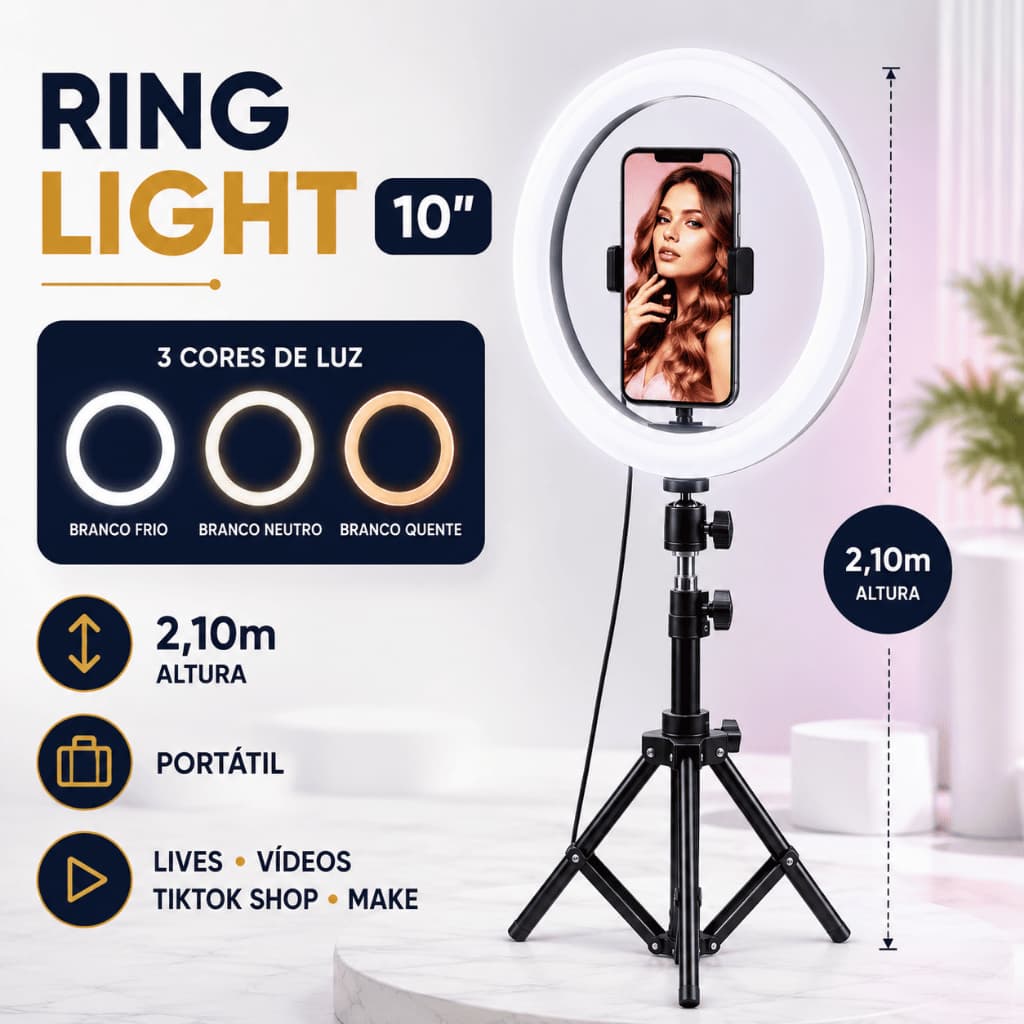 Ring Light Iluminador 10 Polegadas com Tripé 2.10 Metro LED para Celular Iluminação Profissional