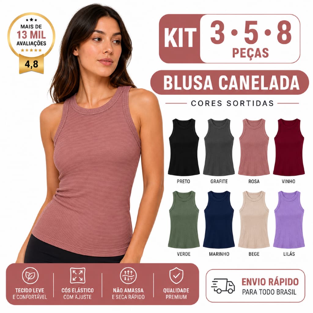 kit  Blusa regata feminina canelada  premium cores variadas