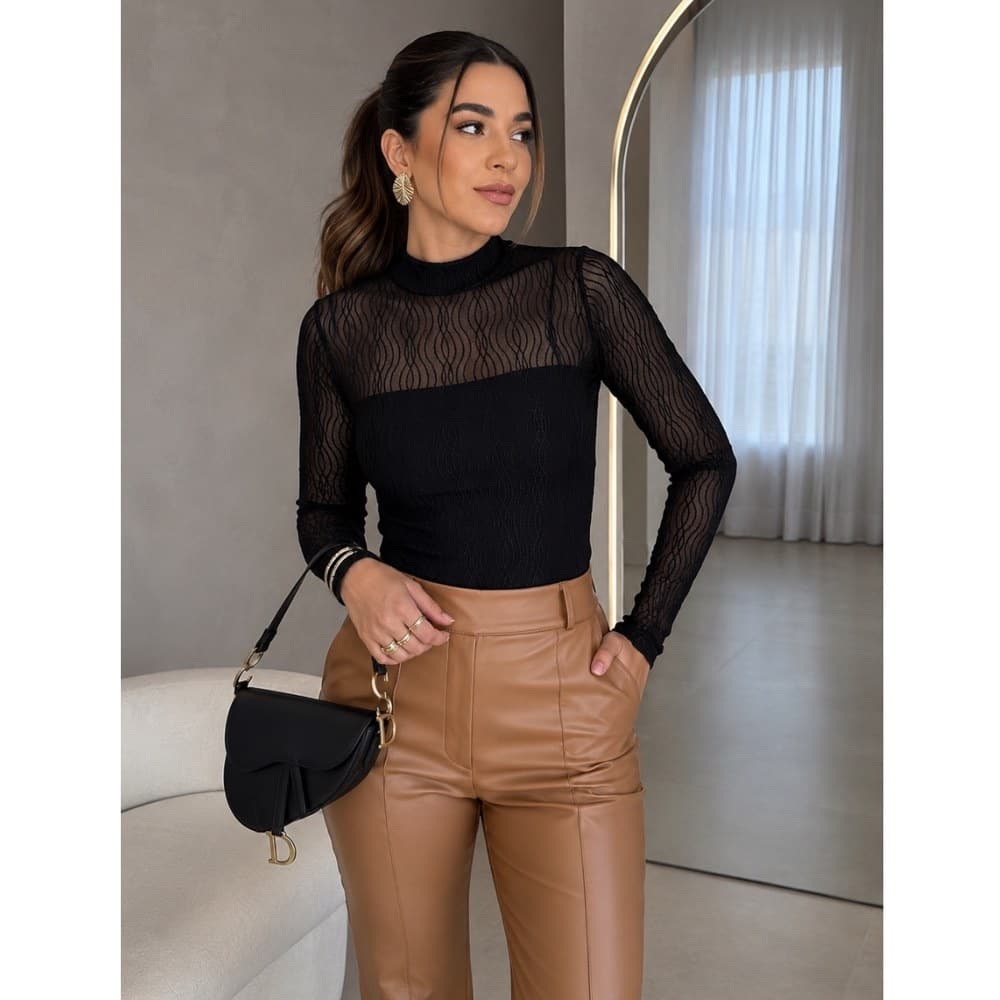 Blusa Tule Ondas Feminina Manga Longa Transparente Elegante Promoção - Sem forro
