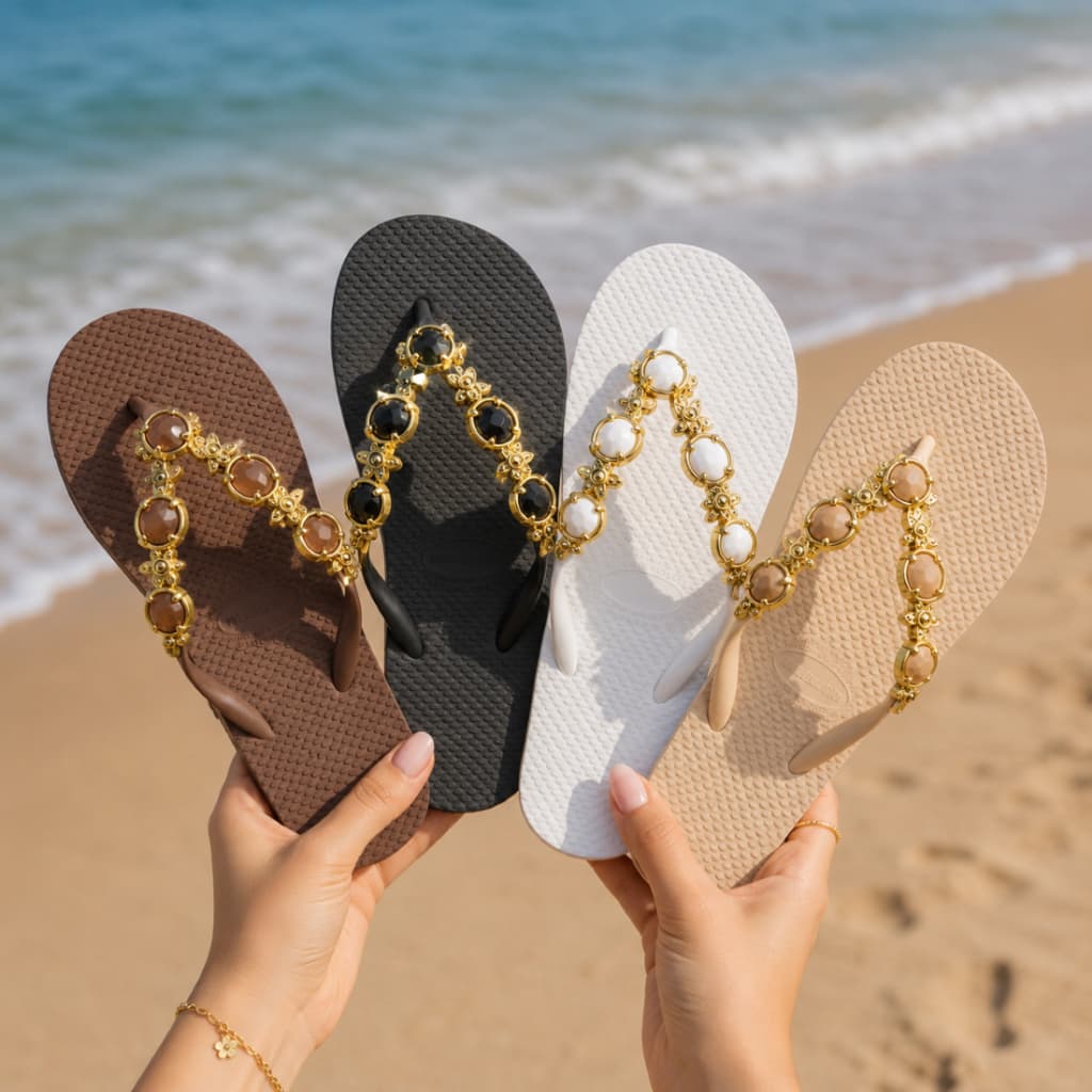 Chinelos Cores Variadas Feminino Modelo Pedraria Metal Elegância E Conforto Para O Seu Verão