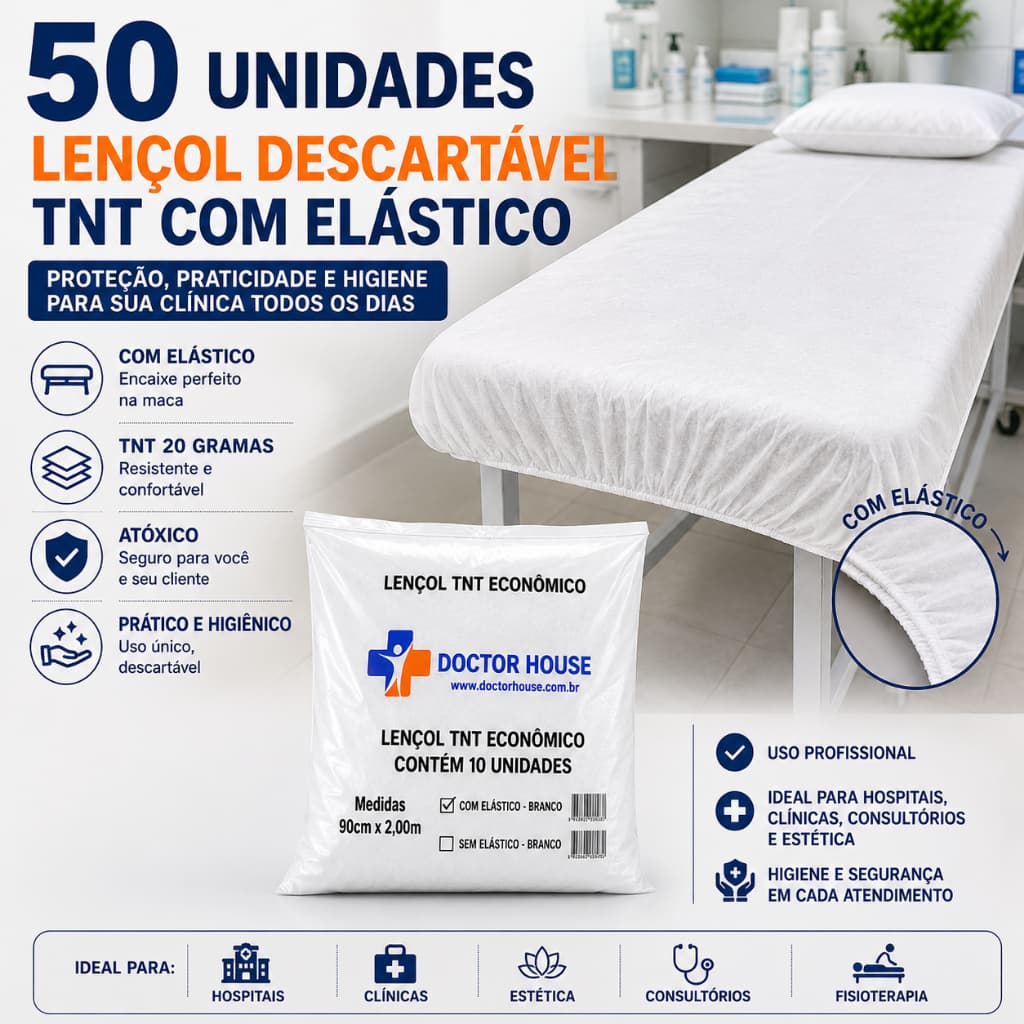 50 Lençol Descartável TNT Branco Maca 2,00x0,90 50Un com Elástico Ideal para Hospital Clínica Estética