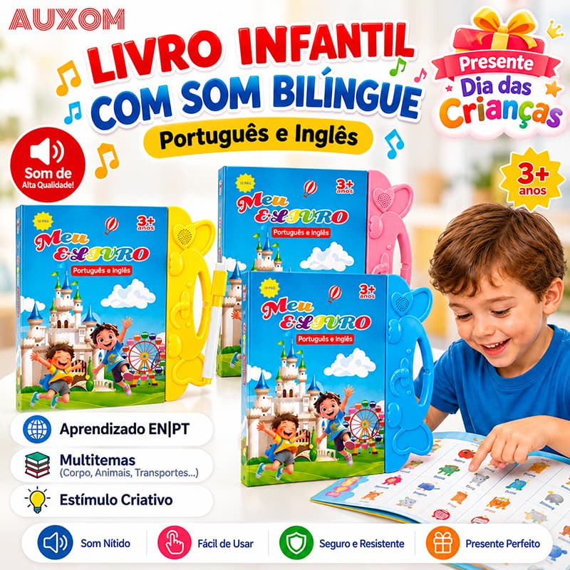 AUXOM Livro Interativo Infantil com Som Bilíngue Português Inglês Multi Temas Educativo Presente Dia das Crianças