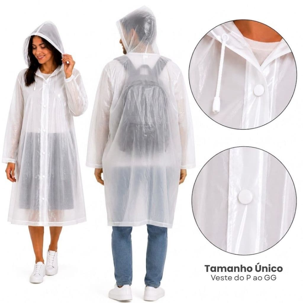 Capa de Chuva Transparente Impermeável Adulto Unissex Reutilizável Longa com Botões Capuz Ajustável