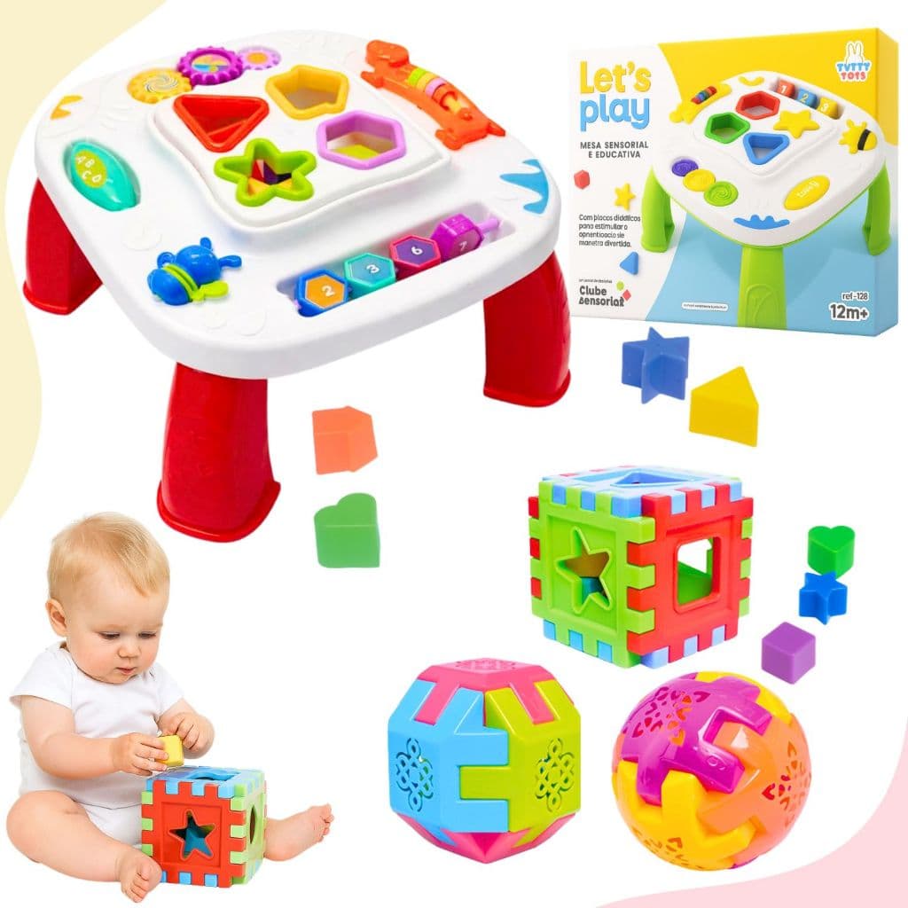 Kit Mesinha Didática Infantil Sensorial Mesa Divertida + 3 Cubos Bolas Educativas Formas De Encaixe