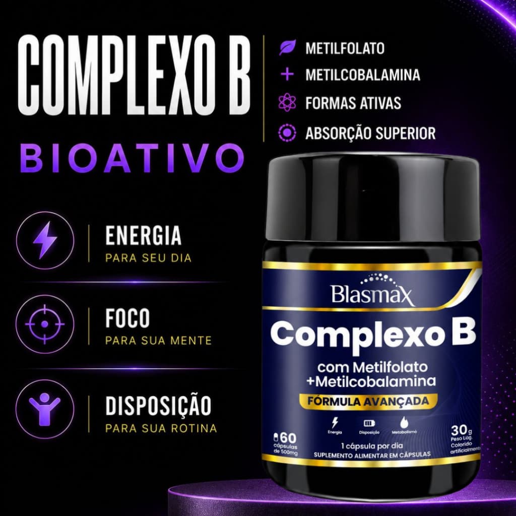 Complexo B Bioativo Forma Ativa B6 B9 B12 Metilfolato Metilcobalamina 60 Cápsulas - Blasmax