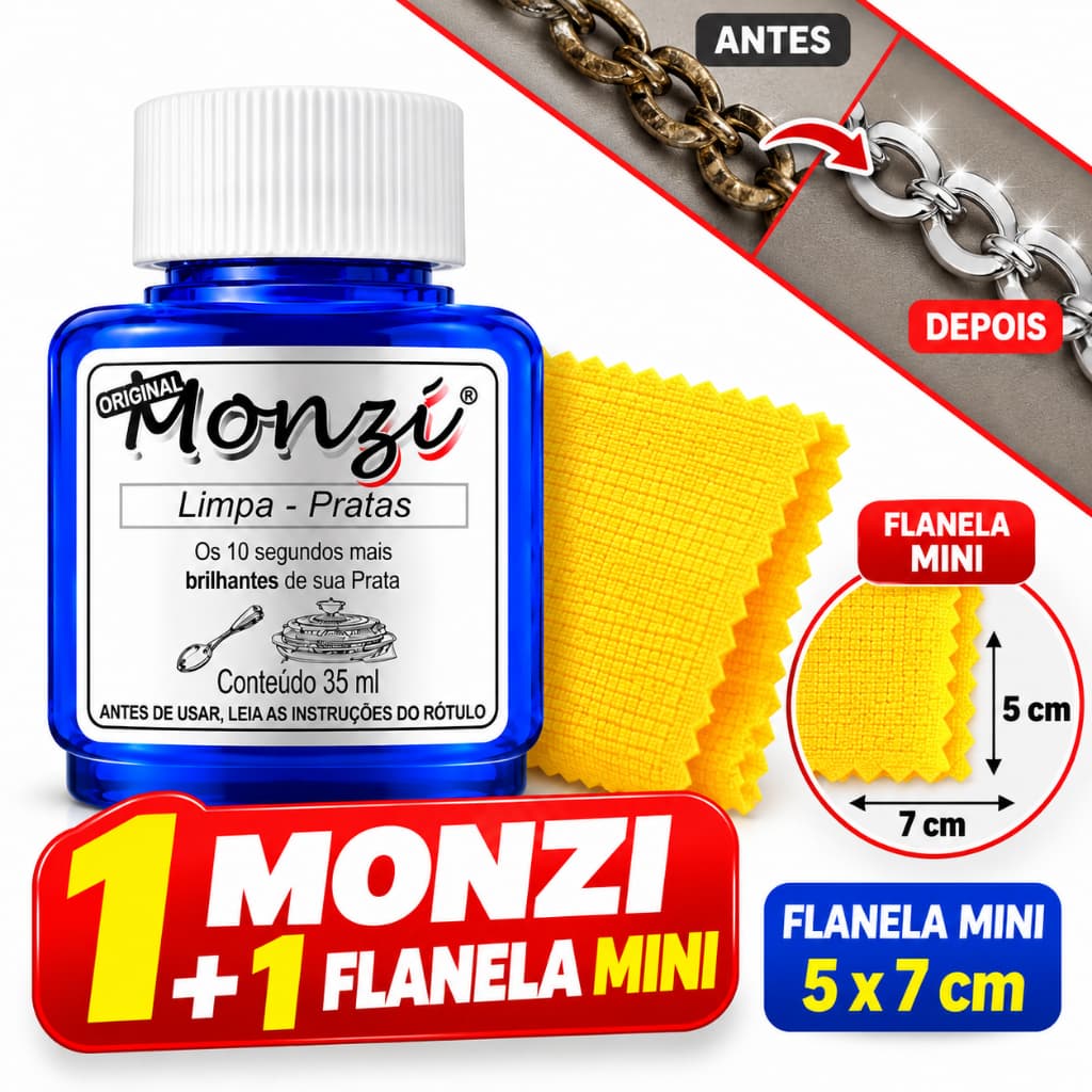 Limpa Prata Monzi Original Frasco 35ml + 1 Mini Flanela Polidora - Limpa Prata e Flanela Mágica