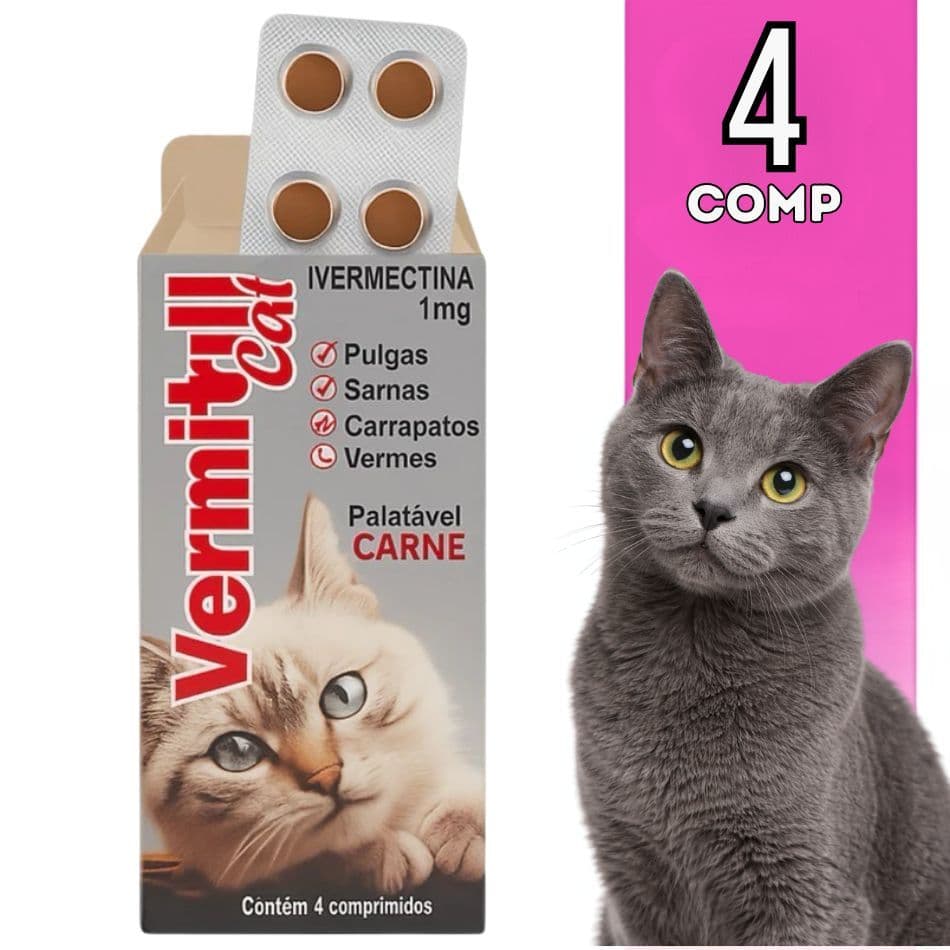 4 Comprimidos Anti Vermes, Carrapatos, Pulgas E Sarnas Para Gatos - Mastigáveis Sabor Carne