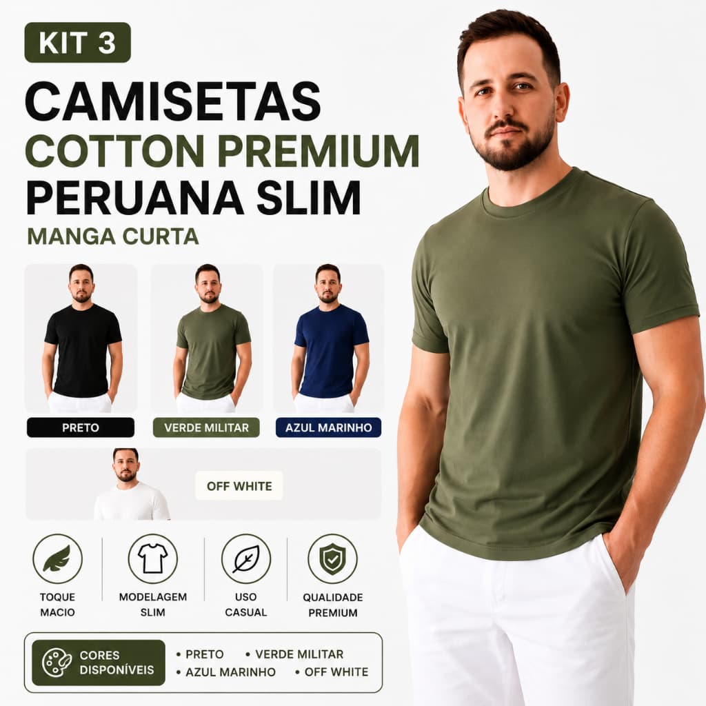 Kit 3 Camiseta Cotton Peruana Masculina Lisa Slim Manga Curta  Algodão  Casual