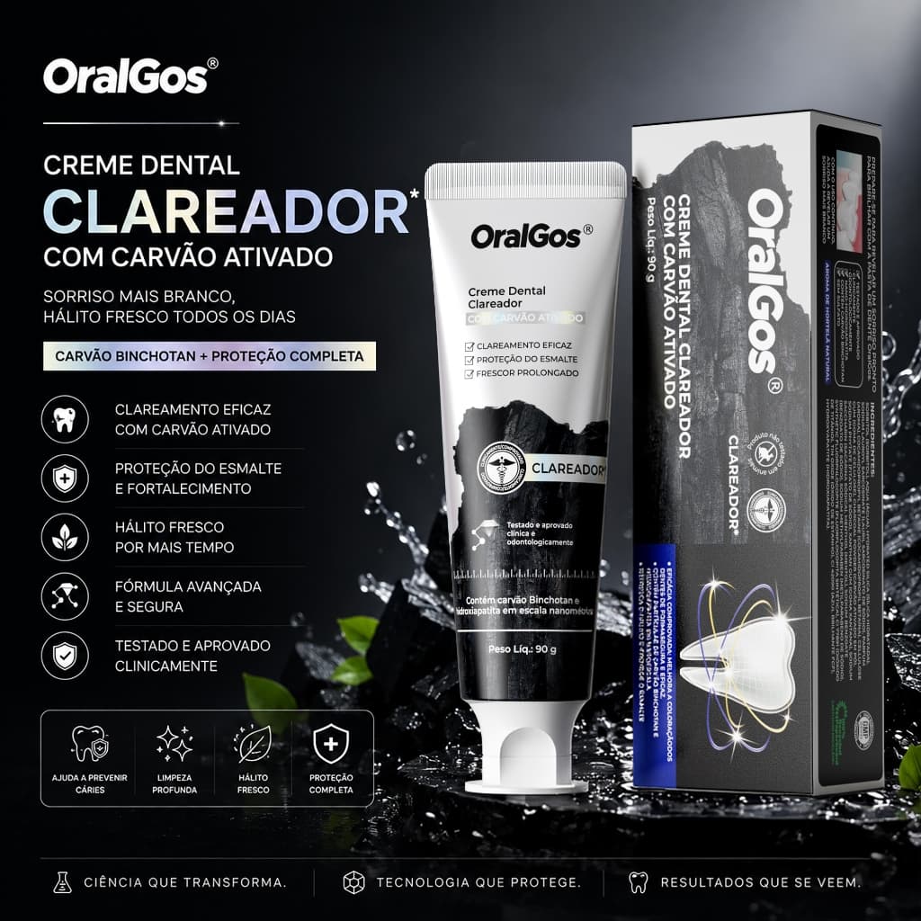 OralGos Creme Dental Natural com Carvão Ativado, Sem Flúor, Menta Oceânica 90g