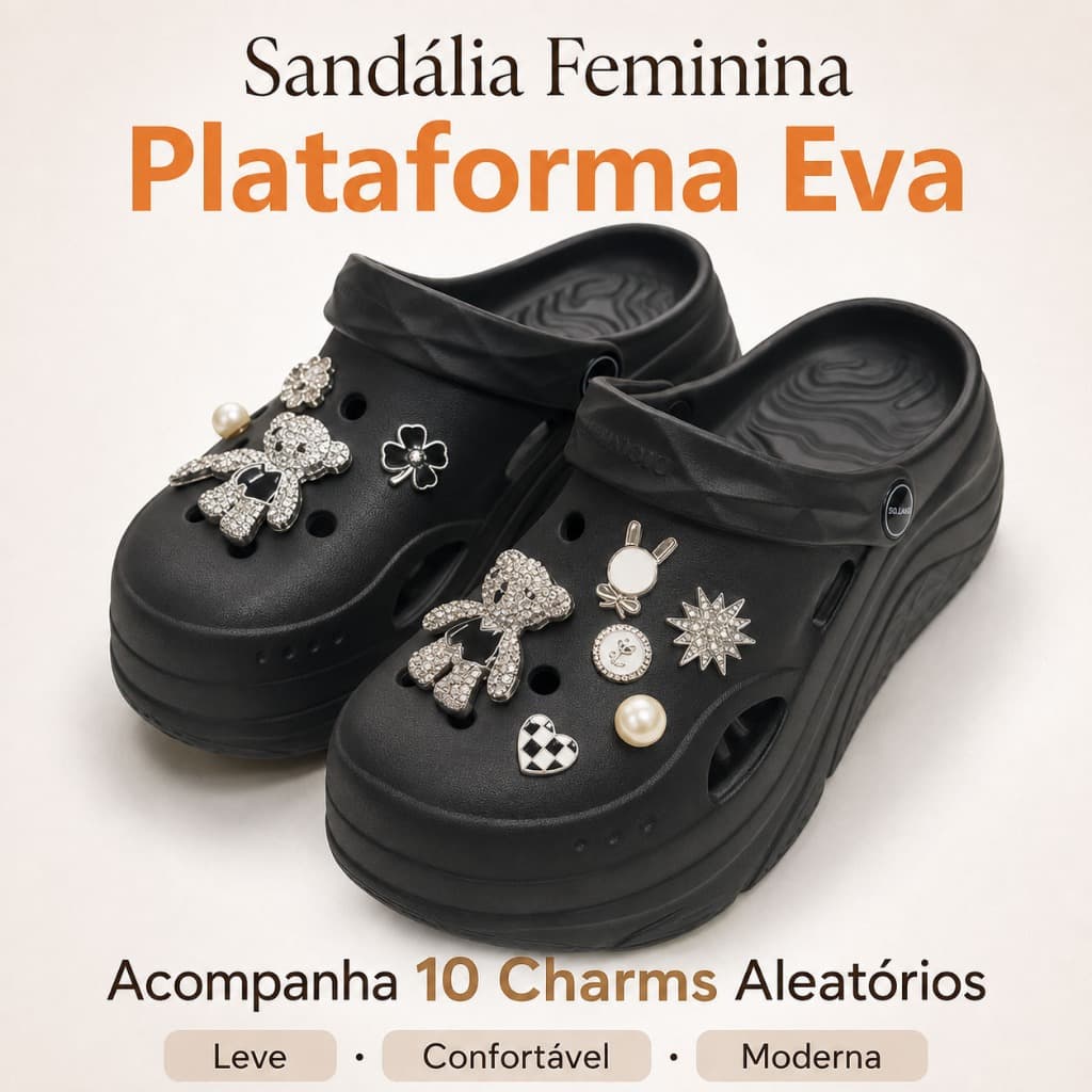 Babuche Feminino de Plataforma em EVA com 10 Charms Inclusos Confortável e Estiloso para Uso Diário e Ocasiões Variadas