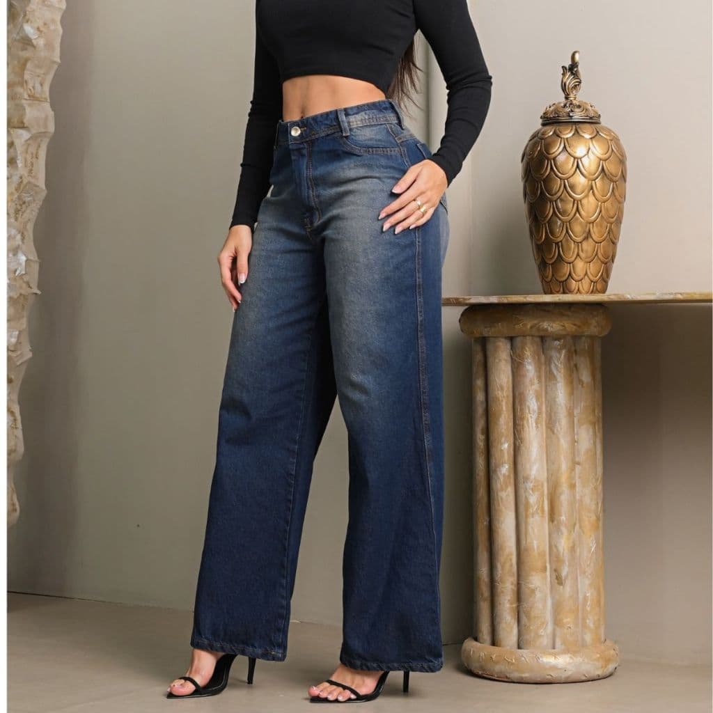 Calça Jeans Feminina Wide Leg Sobretinto 100% Algodão Marmorizada Cintura Alta Pantalona Linha Premium  Levanta Bumbum