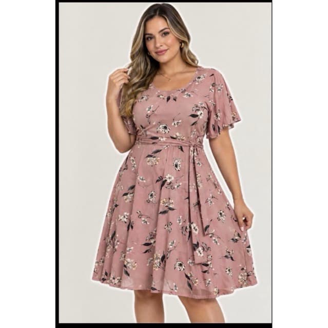 Vestido rodado Plus Size manga fler  com a faixa  tecido Suplex Digital 44/46/48/50/52 g gg g1 g2