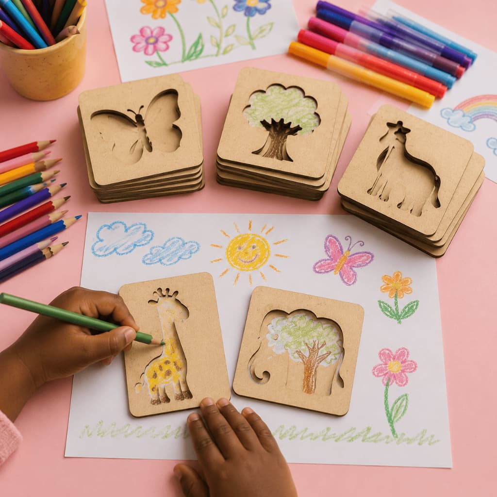 Kit 20 Moldes Vazados MDF Animais Natureza Objetos Infantil Para Pintura Desenho 7,5cm