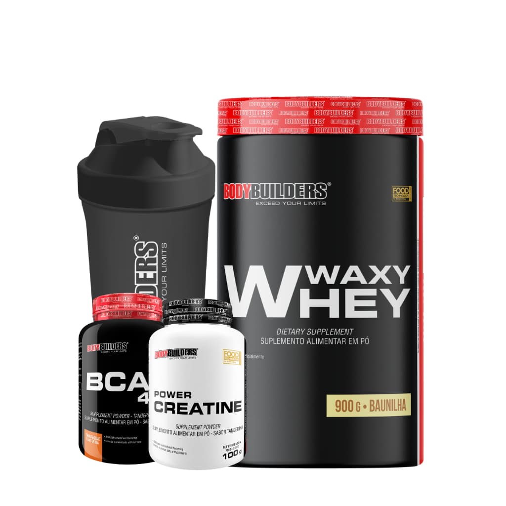 Kit Waxy Whey 900g + BCAA 4,5g 100g + Power Creatina 100g + Coqueteleira 600ml - Bodybuilders