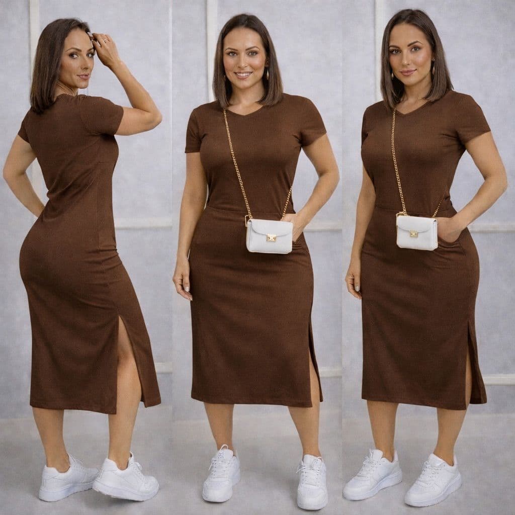 Vestido  Envio Rápido MIDI casual fenda lateral e bolso charme e elegancia em uma só peça