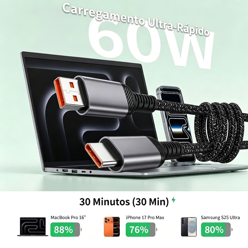 Cabo USB para Tipo‑C 1 Metro Trançado Preto e Branco Carregamento Rápido