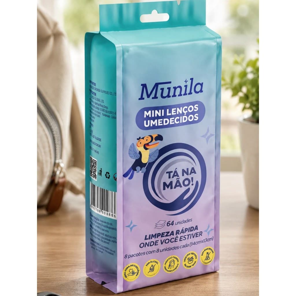 Kit Munila Mini Lenços Umedecidos Tá Na Mão 64 Unidades 8 Pacotes Com 8 Folhas Cada Limpeza Rápida Prática Portátil Bols
