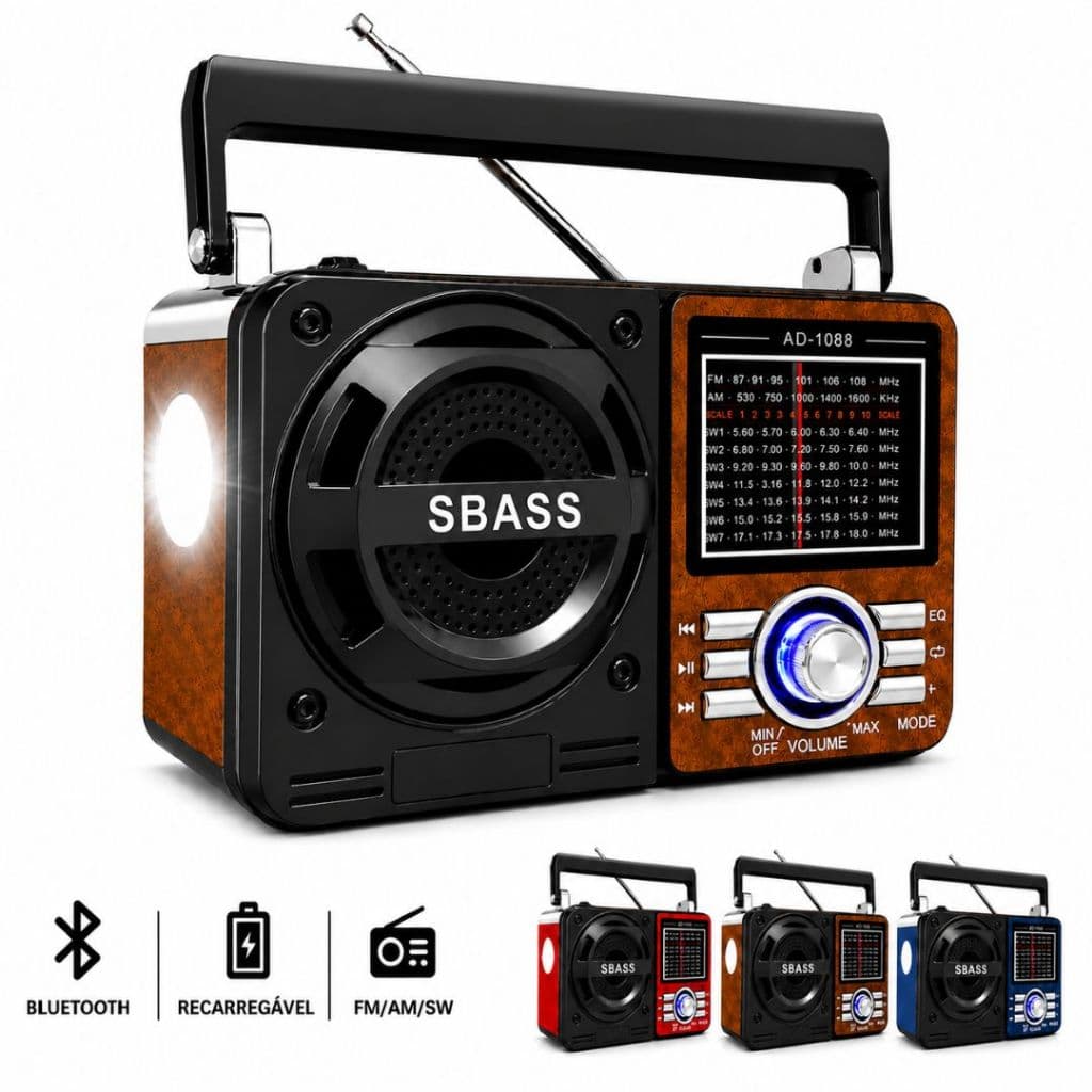 Rádio Caixa de Som Bluetooth Recarregável  Lanterna Retro Portátil FM AM USB SD Pilha