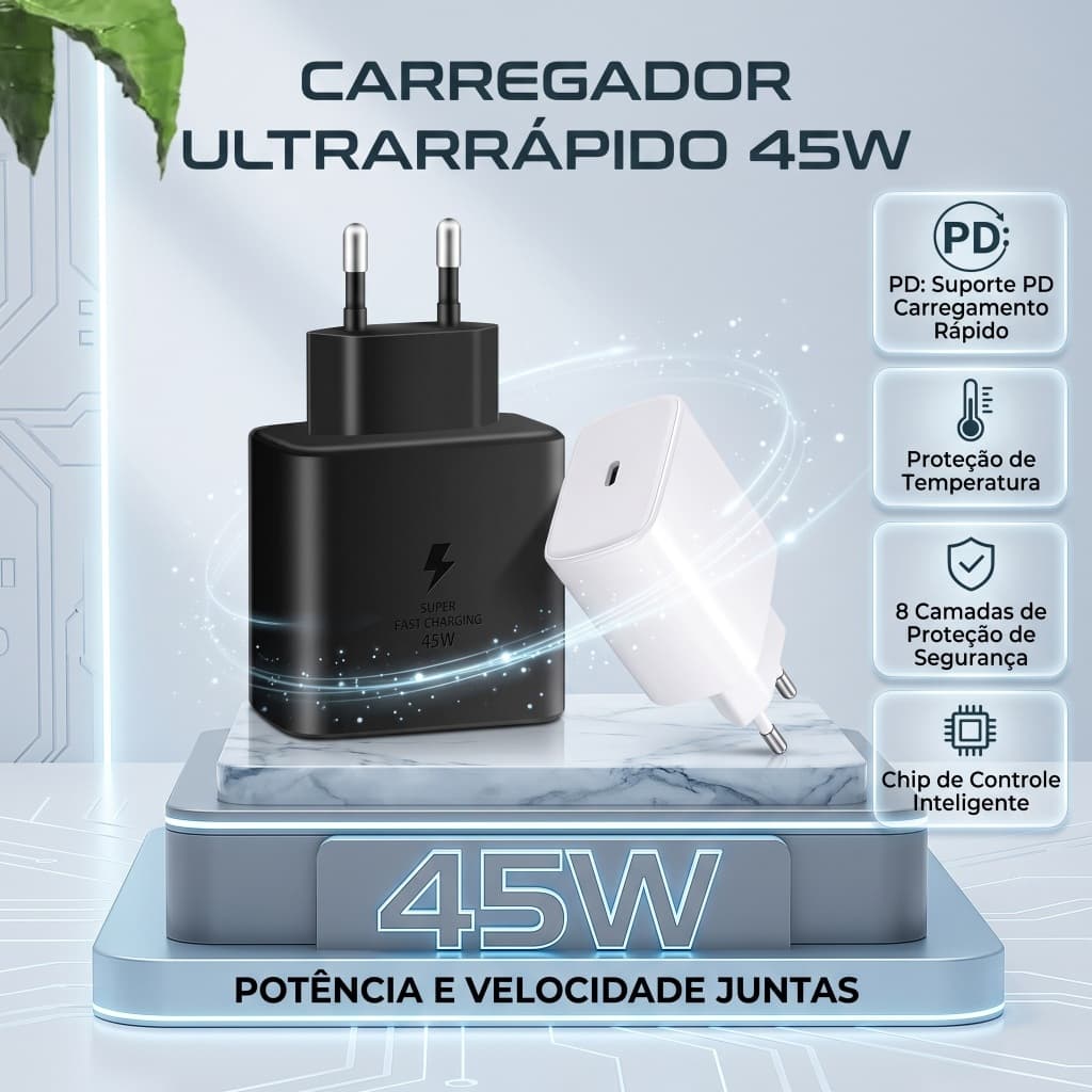 Carregador Turbo 45W USB-C Carregamento  Rápido com Cabo Tipo-C 1 Metro para Android galaxy