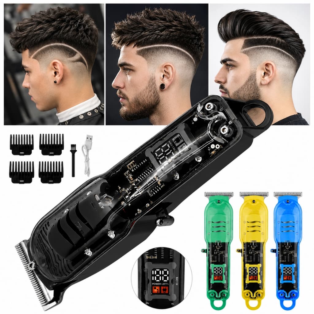Máquina de Cortar Cabelo Profissional Sem Fio Barbeador Elétrico Smart LCD Transparente Recarregável Masculino