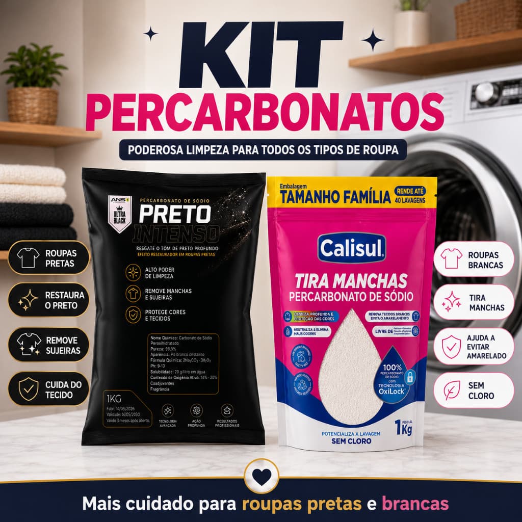 Kit Percarbonato Calisul 1kg + Preto Intenso ANS 1kg Tira Manchas Sem Cloro Roupas Brancas Pretas Coloridas