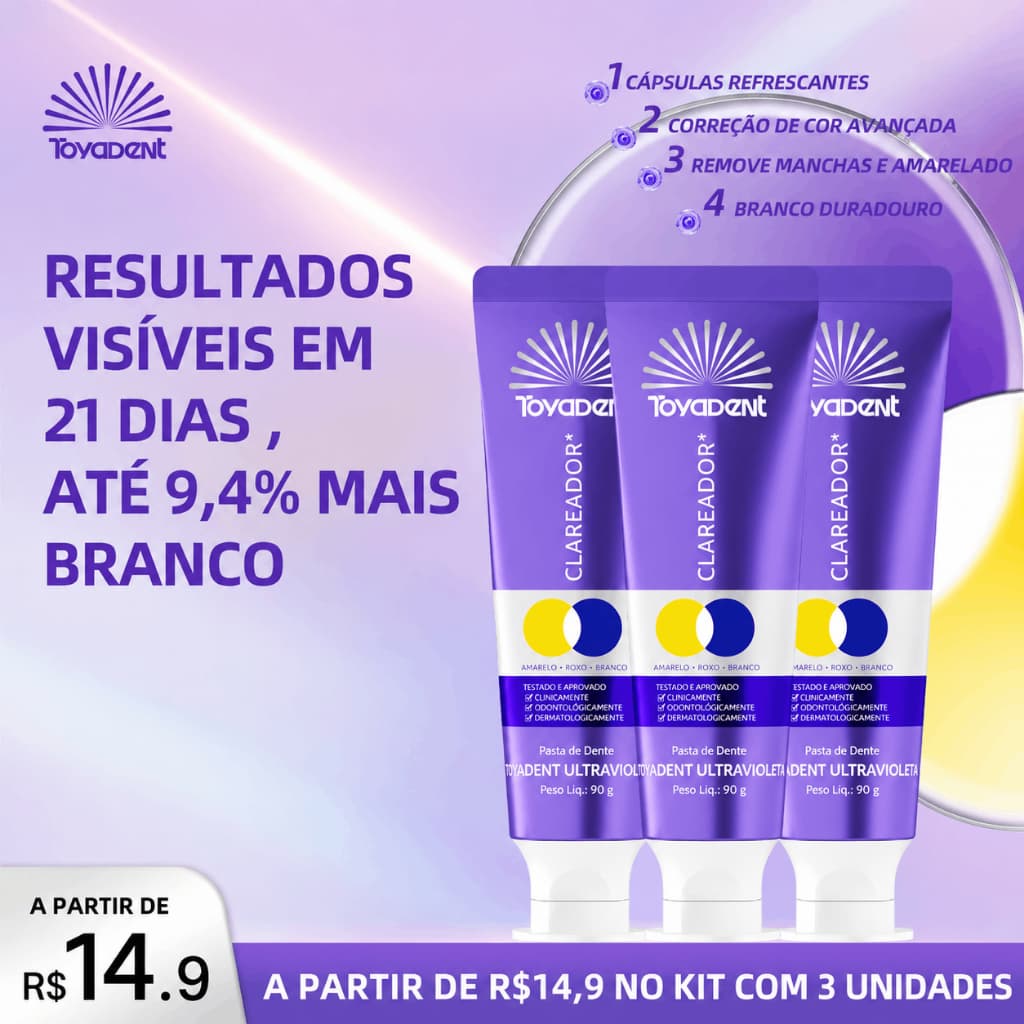 TOYADENT Pasta de Dente Roxa, Partículas Roxas, Neutraliza Manchas Amarelas