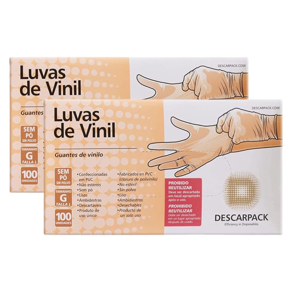 Kit 2 Caixas de Luvas de Vinil Sem Pó Atóxica Descarpack 100un