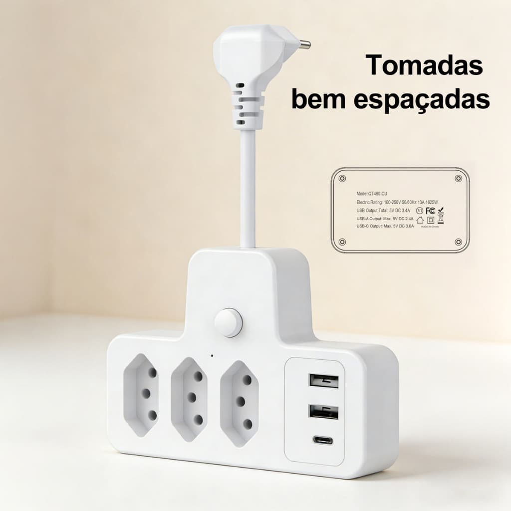 Extensão Elétrica Com Cabo 3 Tomadas Régua 3 USB 1 tipo-c