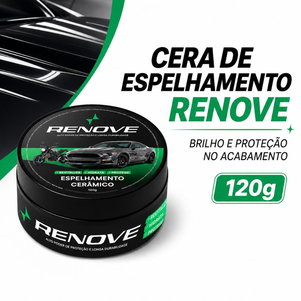 Cera Automotiva Carnaúba Renove 120g - Proteção UV, Repelência à Água e Alto Brilho.