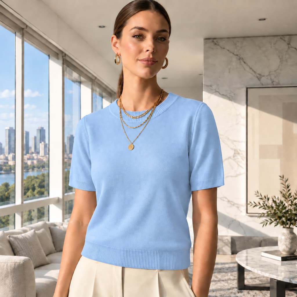 Blusa Feminina de Tricô com Manga Curta e Gola Redonda – Ajustada, Clássica e Versátil