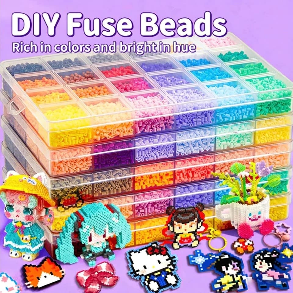 Kit Pixel Art Fuse Beads 2,6mm 24/48/72/96 Cores + Mini Ferro + Caneta + Pegboard + Acessórios DIY