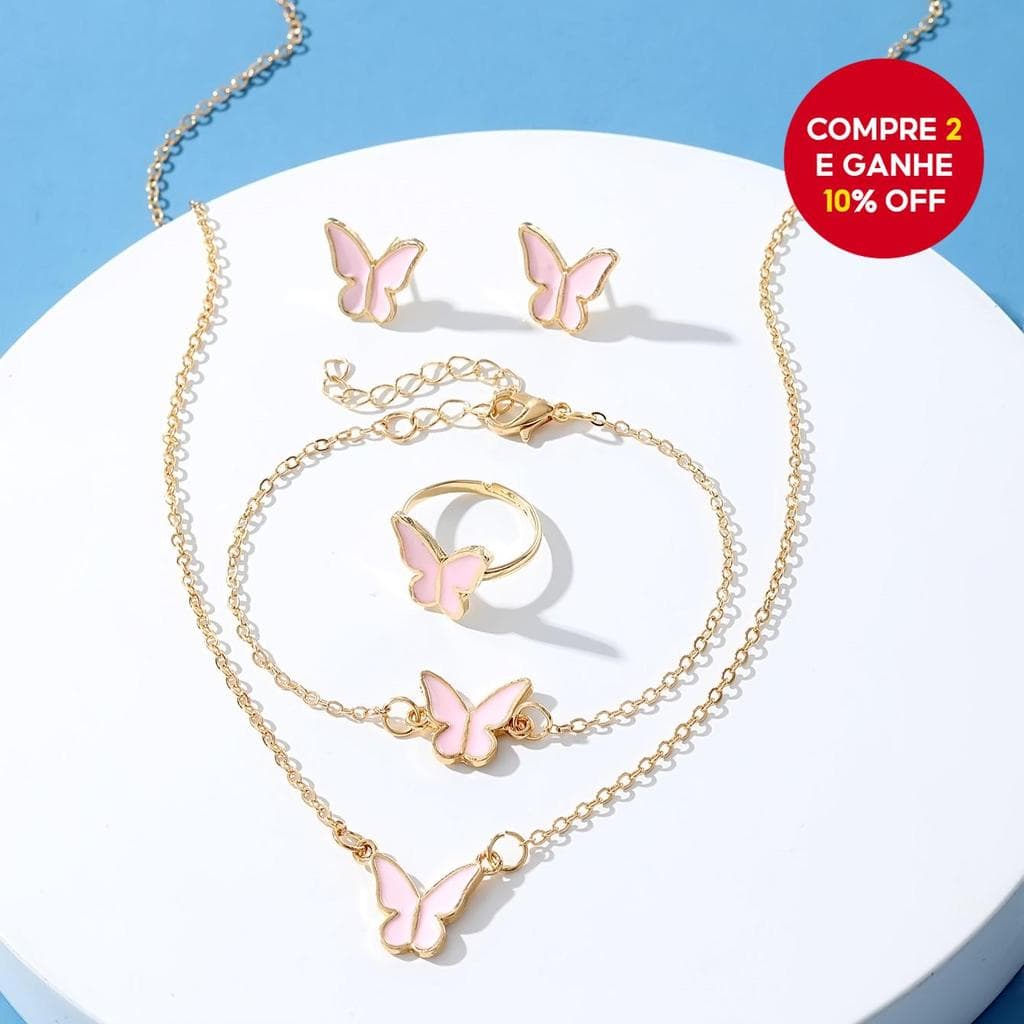 Conjunto feminino de acessórios: colar, anel, brincos e pulseira com design de borboleta, presente ideal.