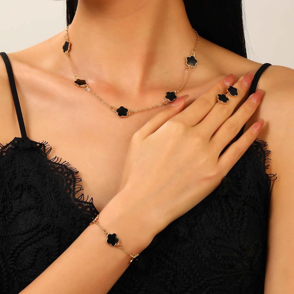 Preto Coreano Cinco Folhas Trevo De Jóias Colar Pulseira Para Mulheres Presente Da Sorte