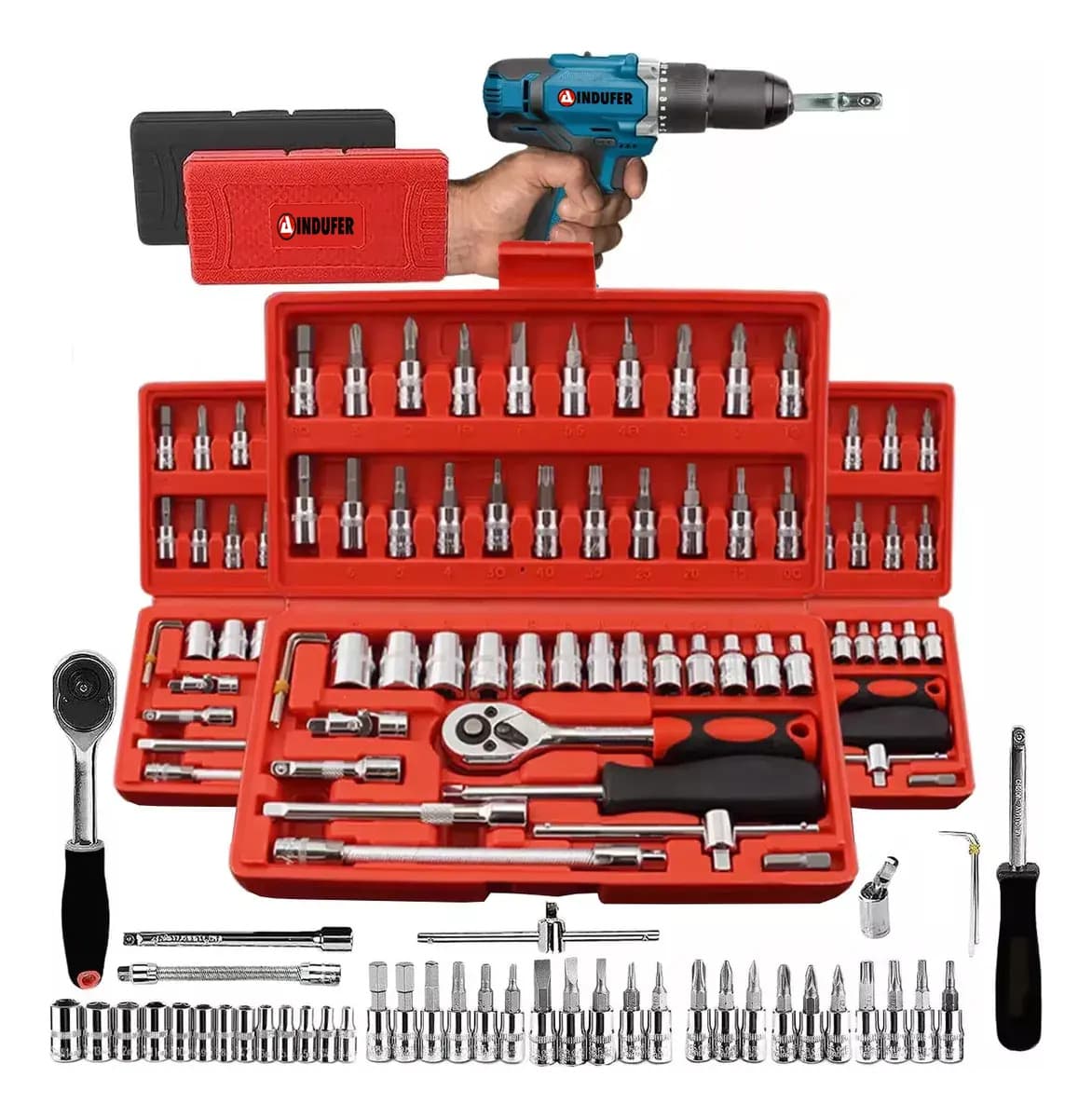 Kit Chave Catraca Soquete 46 Peças Indufer em Cromo Vanádio, para Manutenção