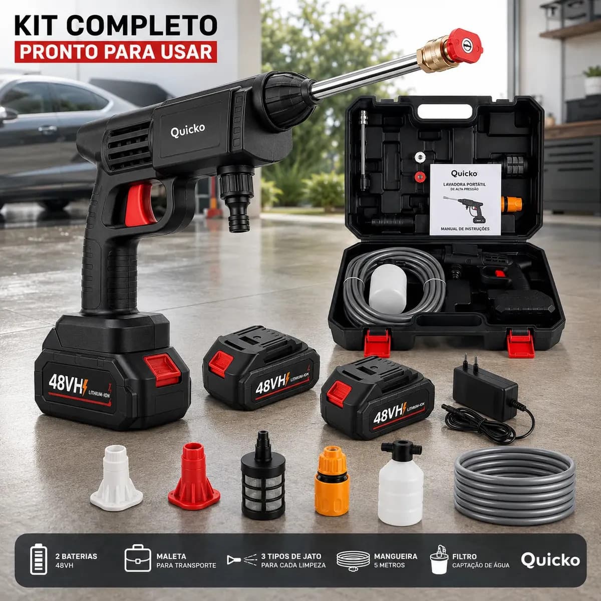 Lavadora De Alta Pressão Vap Portátil Sem Fio Bateria Lava Jato Elétrica Recarregável P/ Lavar Carro Moto Quintal C/ 2 Baterias Quicko Bico Mangueira Dispenser De Sabão Lavadora Alta Pressao Portátil
