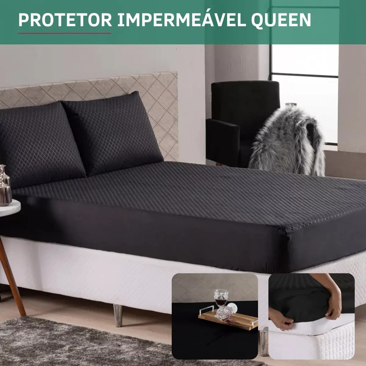 Protetor De Colchão Impermeável Matelado Antialérgico Antiácaro Queen Super Macio E Silencioso Preto Premium
