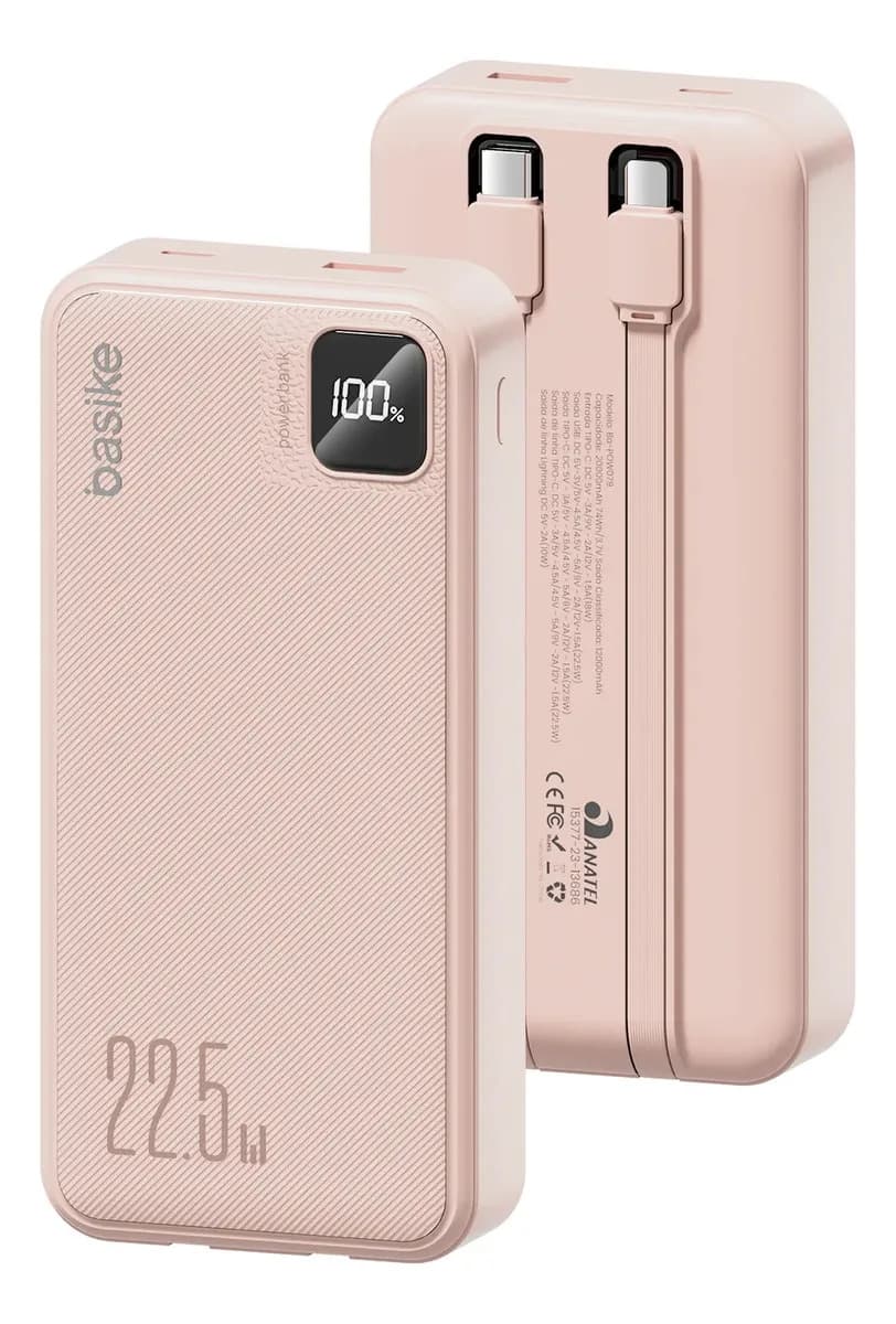 Power Bank Basike 20000mAh Rosa, Carga Rápida 22.5W para iPhone e Samsung, Com Cabos Embutidos e Display
