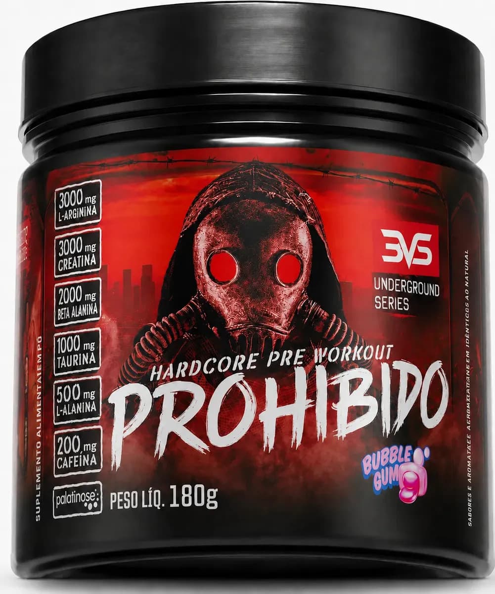 PRÉ TREINO PROHIBIDO 180g Sabor Bubble Gum - Fórmula Avançada contendo Creatina, Beta Alanina, Taurina, L-tirosina, L-alanina, Cafeína, Arginina e Palatinose - Extra Forte