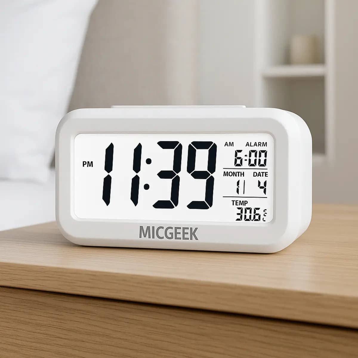 Relógio Digital Mesa Despertador Inteligente Cabeceira Quarto Idoso Com Sensor De Temperatura Micgeek