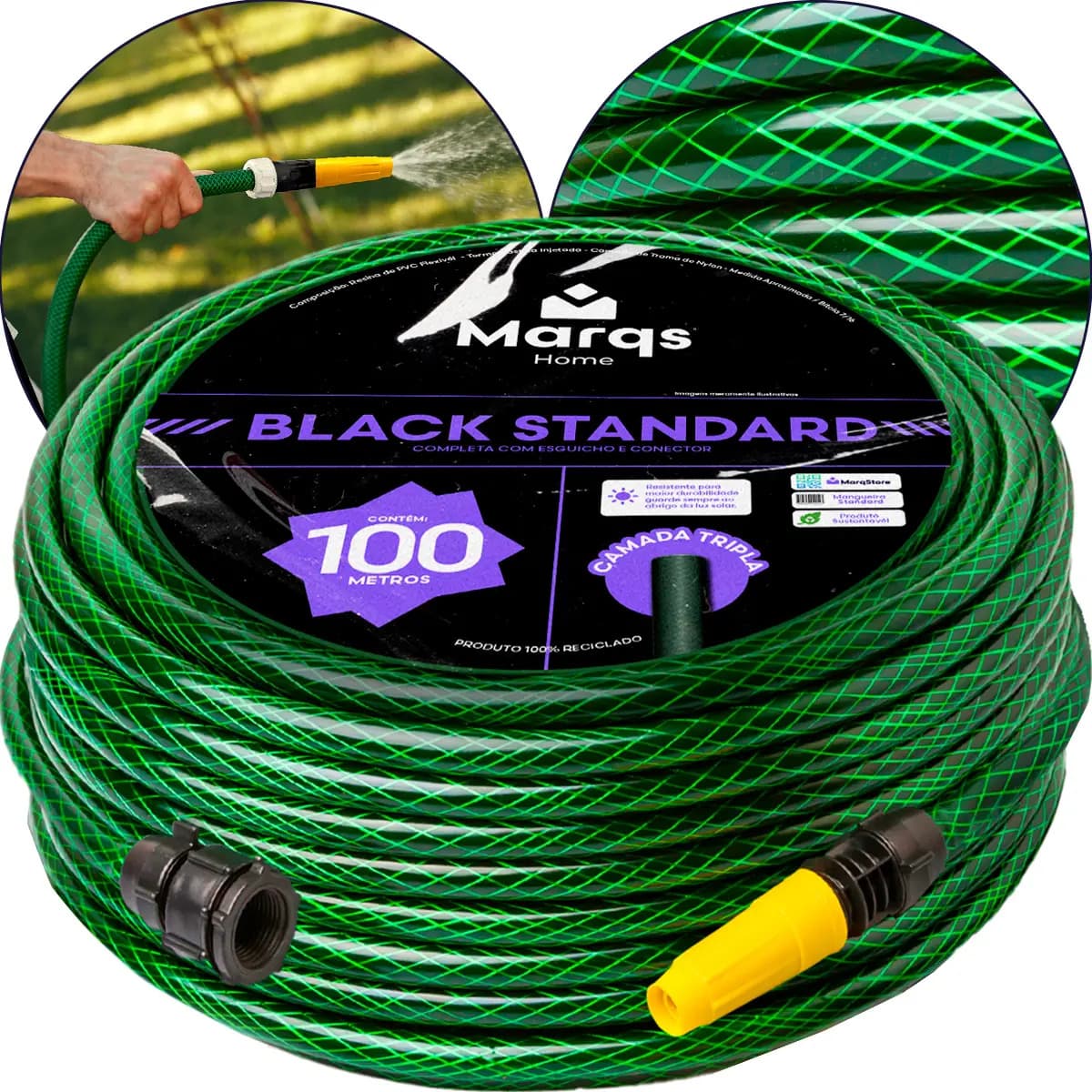 Mangueira Jardim 100m Metros Com Esguicho Trançada Reforçada Flexível 7/16 Anti Dobra Irrigação Quintal Poço Lavagem Durável Marqs Home